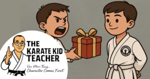 Two children — one angrily offering a gift, the other calmly refusing it in a karate uniform — symbolising how kids can handle bullies by not accepting negativity.