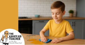 Child in yellow shirt cleaning up spilled juice, showing proactivity – Kicx Academy Gloucester Champions Character martial arts for kids