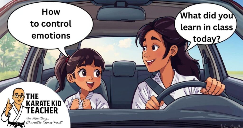 Parent and child talking in the car after a martial arts class at Kicx Academy in Churchdown about today’s life skill and karate lesson