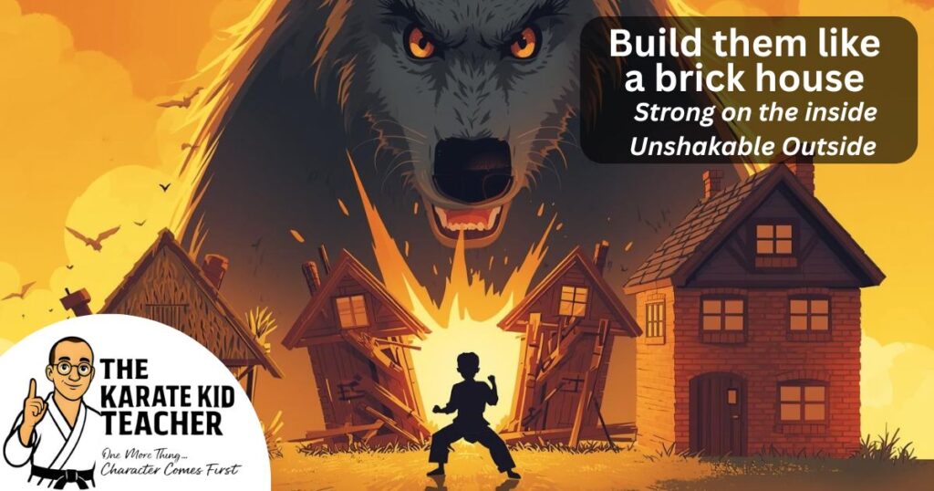 Kids Martial Arts Gloucester anti-bullying image showing a strong brick house standing firm against a wolf blowing, symbolising building confident, resilient children.