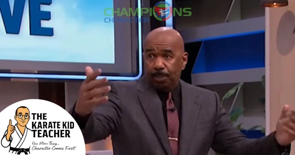 Steve Harvey speaking about Habakkuk 2:2 and You Have Not Because You Ask Not, supporting the Champions Character message at Kicx Academy Kids Martial Arts Gloucester.