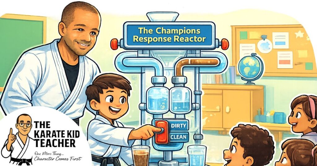 Kids Martial Arts Gloucester student demonstrating the Champions Response Reactor experiment in a classroom to teach children about making positive choices