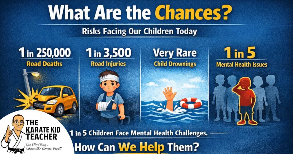 Kids Martial Arts Gloucester infographic showing risks children face including mental health challenges compared with accidents