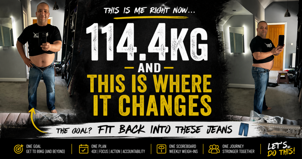 Man starting weight loss journey at 114.4kg aiming to reach 89kg with fitness and martial arts training in Gloucester