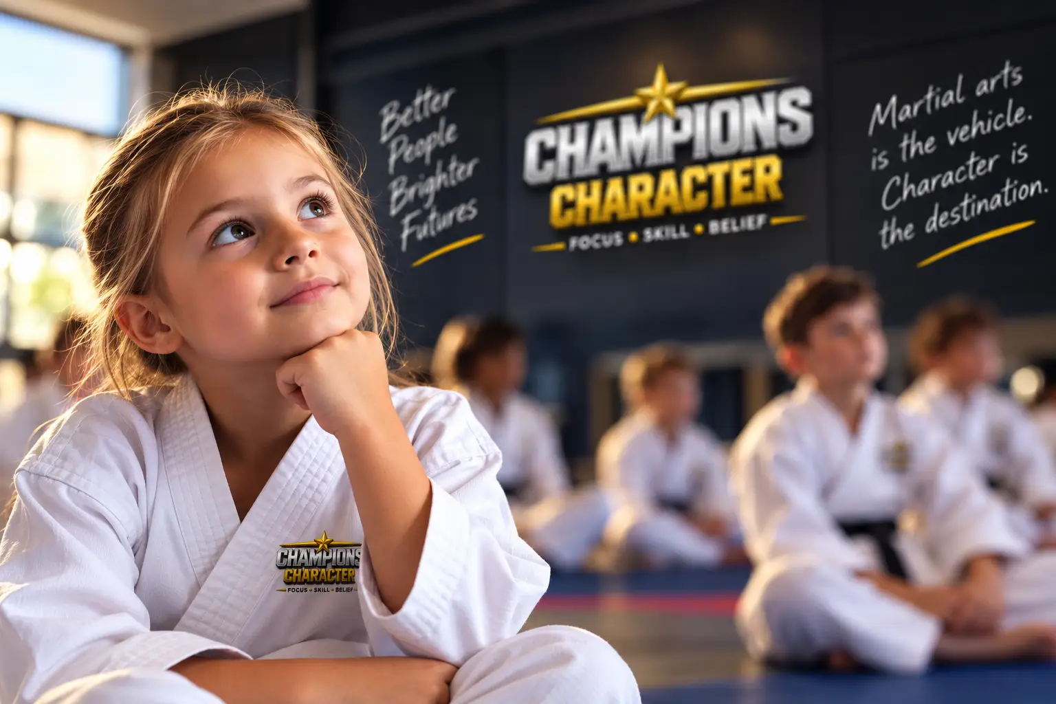 Thoughtful child learning how children develop good character through martial arts at Champions Character Gloucester